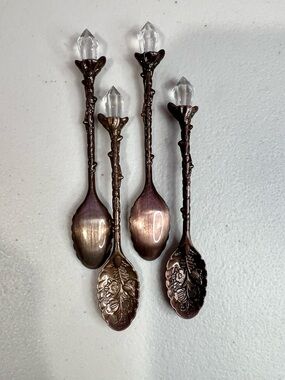 Decorative Crystal-Handled Vintage Style Spoons - 4, Copper Tone